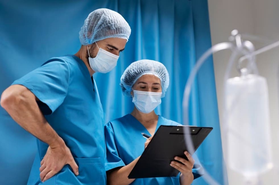SAE Enfermagem - dois enfermeiros vestindo jaleco azul avaliando um prontuário em uma prancheta preta