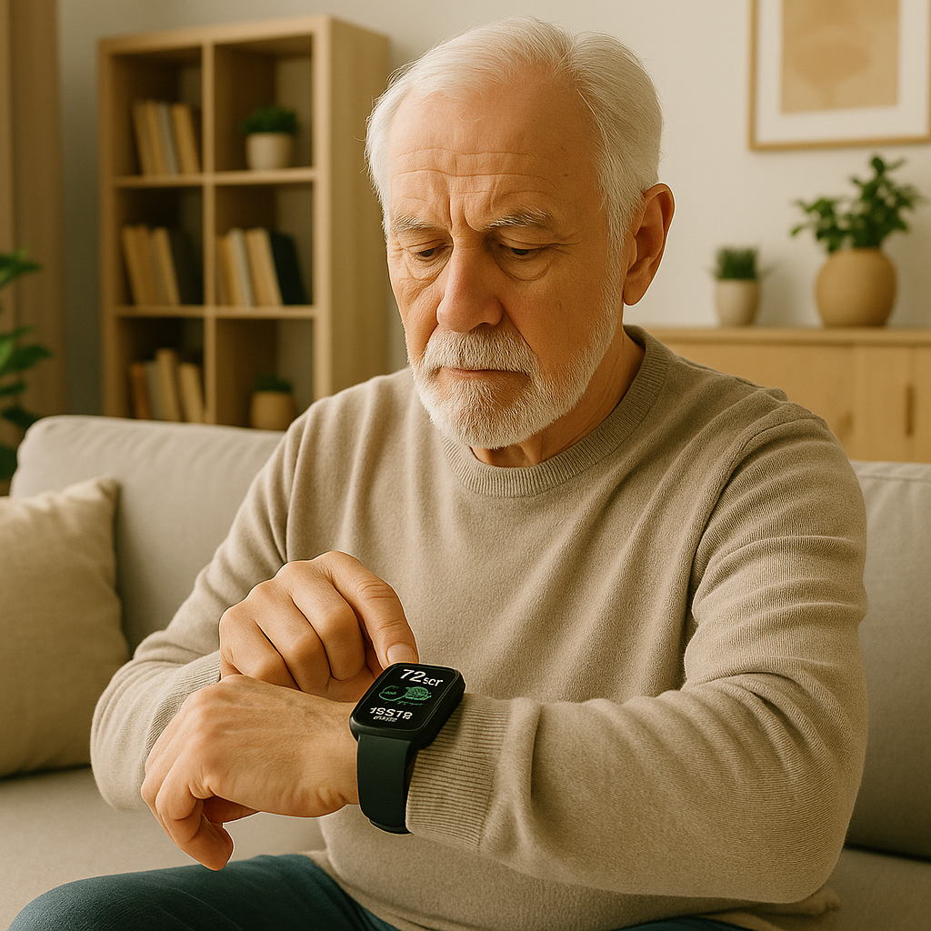 Inteligência artificial na saúde - IA - dispositivos wearable - homem utilizando um smart watch para monitorar dados cardíacos